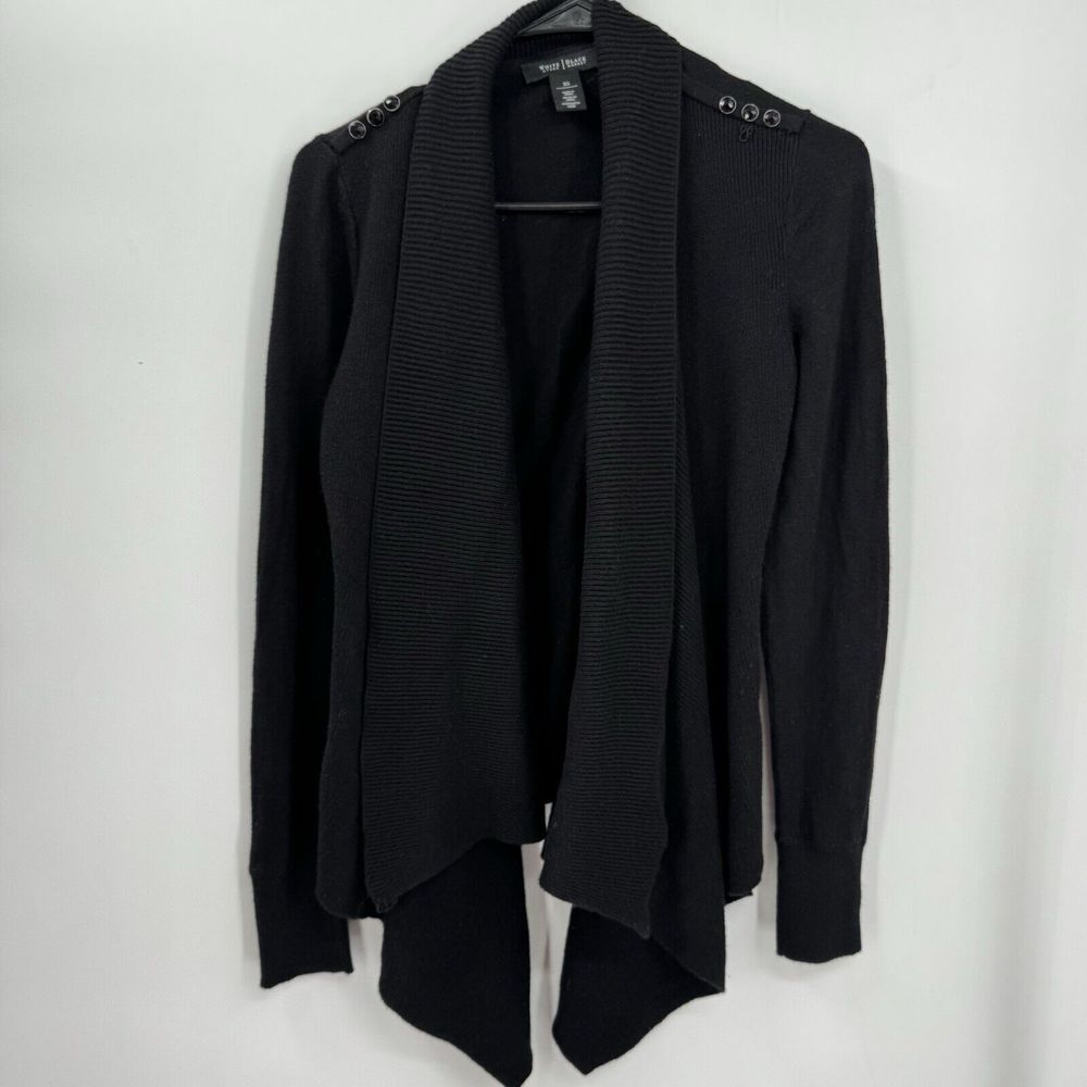 White House Black Market XS Cardigan Women Blk Open Front Drape Beaded Shoulder